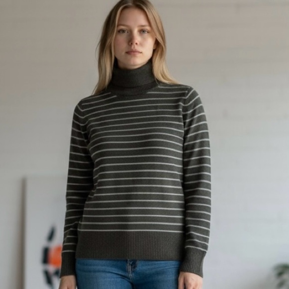 French Connection Gray White Nautical Striped Turtleneck Sweater Size L NWT $88